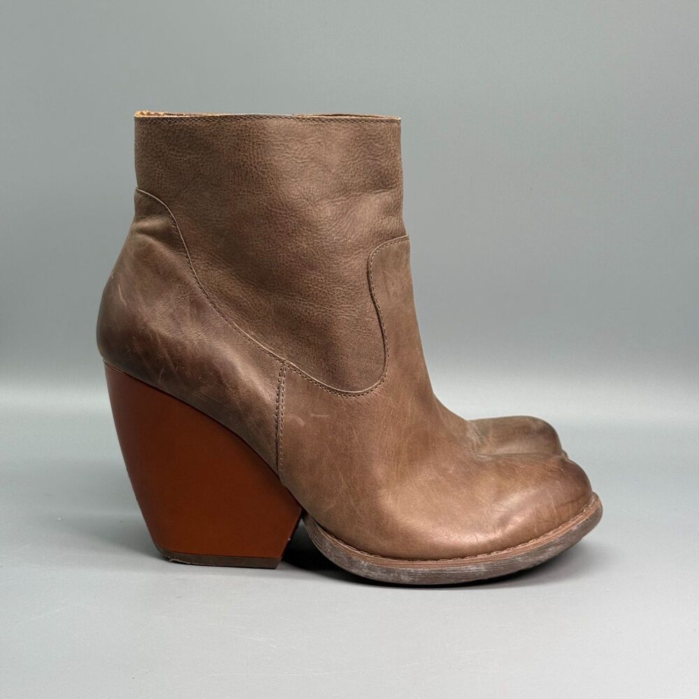 Kork-Ease Michelle Women's 8.5 Brown Leather Side Zip Western Wedge Ankle Bootie